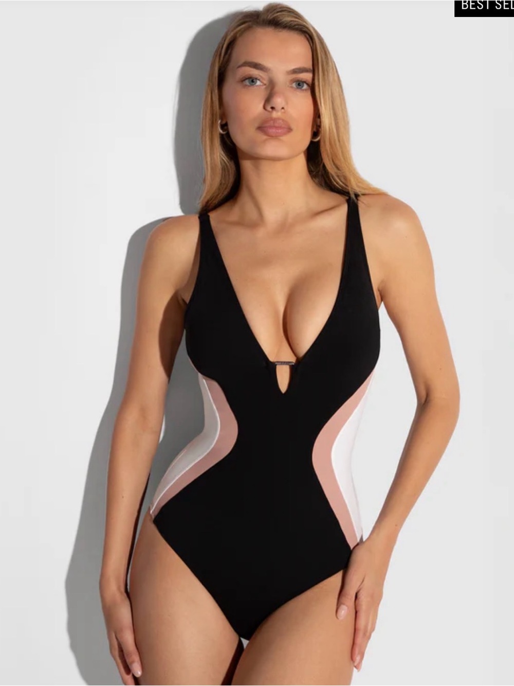 Black One-Piece Swimsuit with Blush Side Panels - Women Swim